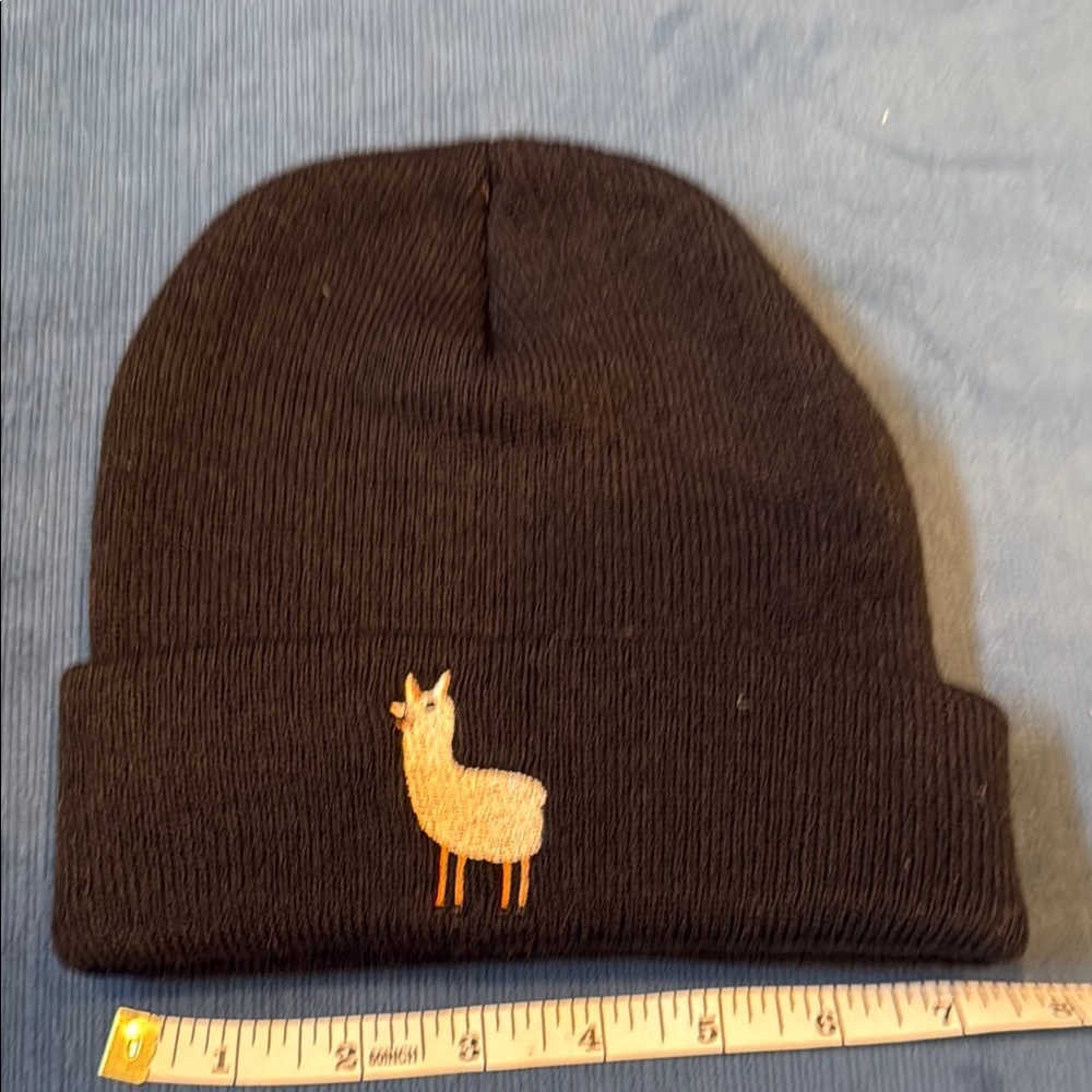 Kids Black Beanie with Llama Embroidery